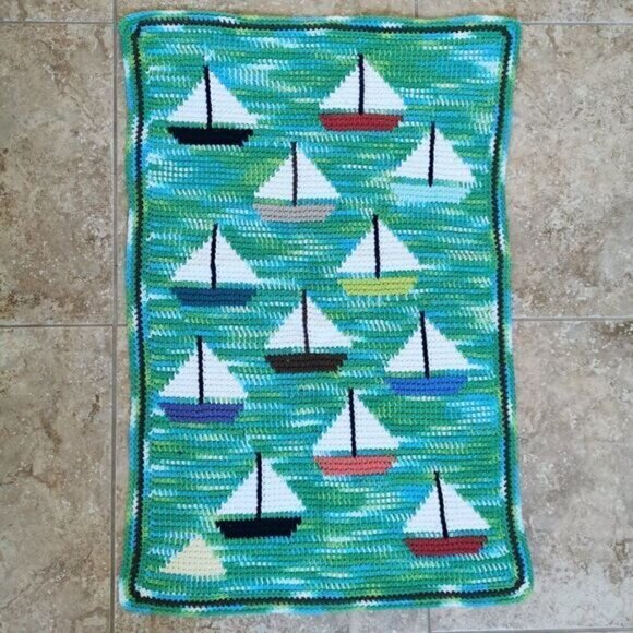 Handmade Crochet Sailboats Baby Blanket 23"x34" Nautical Blue Green Afghan Throw - Picture 7 of 7